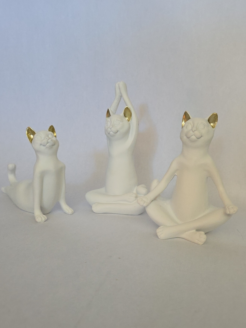 Three Hands Corp Set of 3 Yoga Cat Resin Figurines - White w/Gold Inner Ears Zen